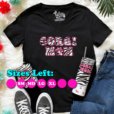 Corgi Mom Zebra Print V-Neck Tee Shirt (Unisex & Ladies' Cuts)