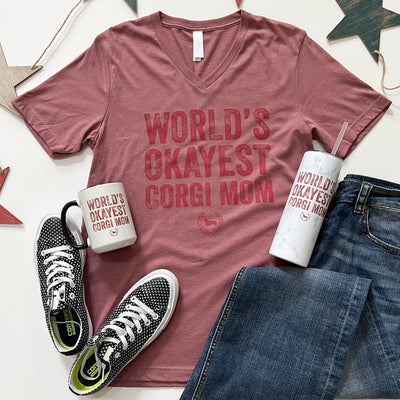 World's Okayest Corgi Mom V-Neck Short Sleeve T-Shirt