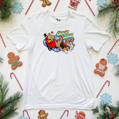 Corgi Claws Sleigh Ride Tee Shirt (Cardigan w/ Tail - Multiple Coats)