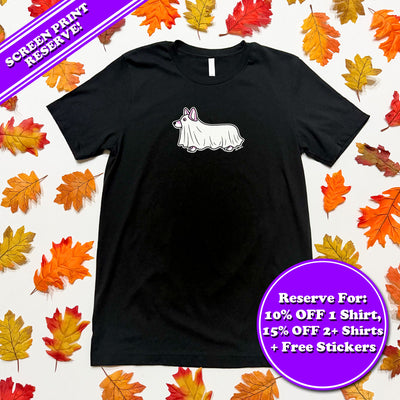 CG Halloween 2026 Corgi Boo Ghost Glow-In-The-Dark Shirts (Screen Print Reserve)