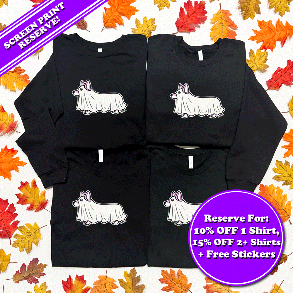 CG Halloween 2026 Corgi Boo Ghost Glow-In-The-Dark Shirts (Screen Print Reserve)