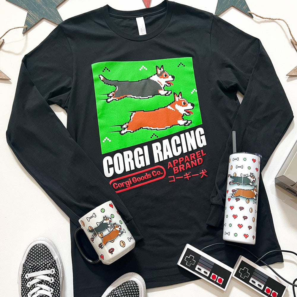8-Bit Retro Corgi Racing Game Long Sleeve Tee