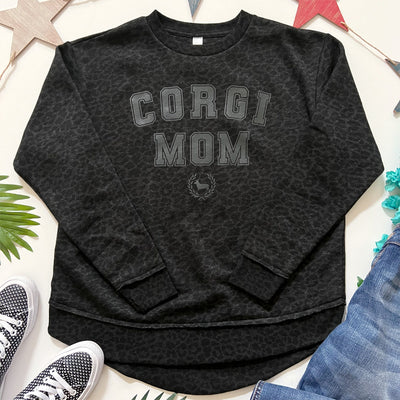 CG Corgi Mom Ladies' Black Leopard Fleece Crewneck Sweatshirt