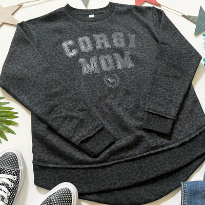 CG Corgi Mom Ladies' Black Leopard Fleece Crewneck Sweatshirt