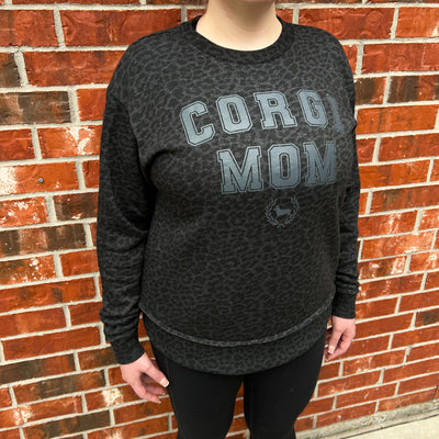 CG Corgi Mom Ladies' Black Leopard Fleece Crewneck Sweatshirt