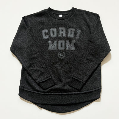 CG Corgi Mom Ladies' Black Leopard Fleece Crewneck Sweatshirt