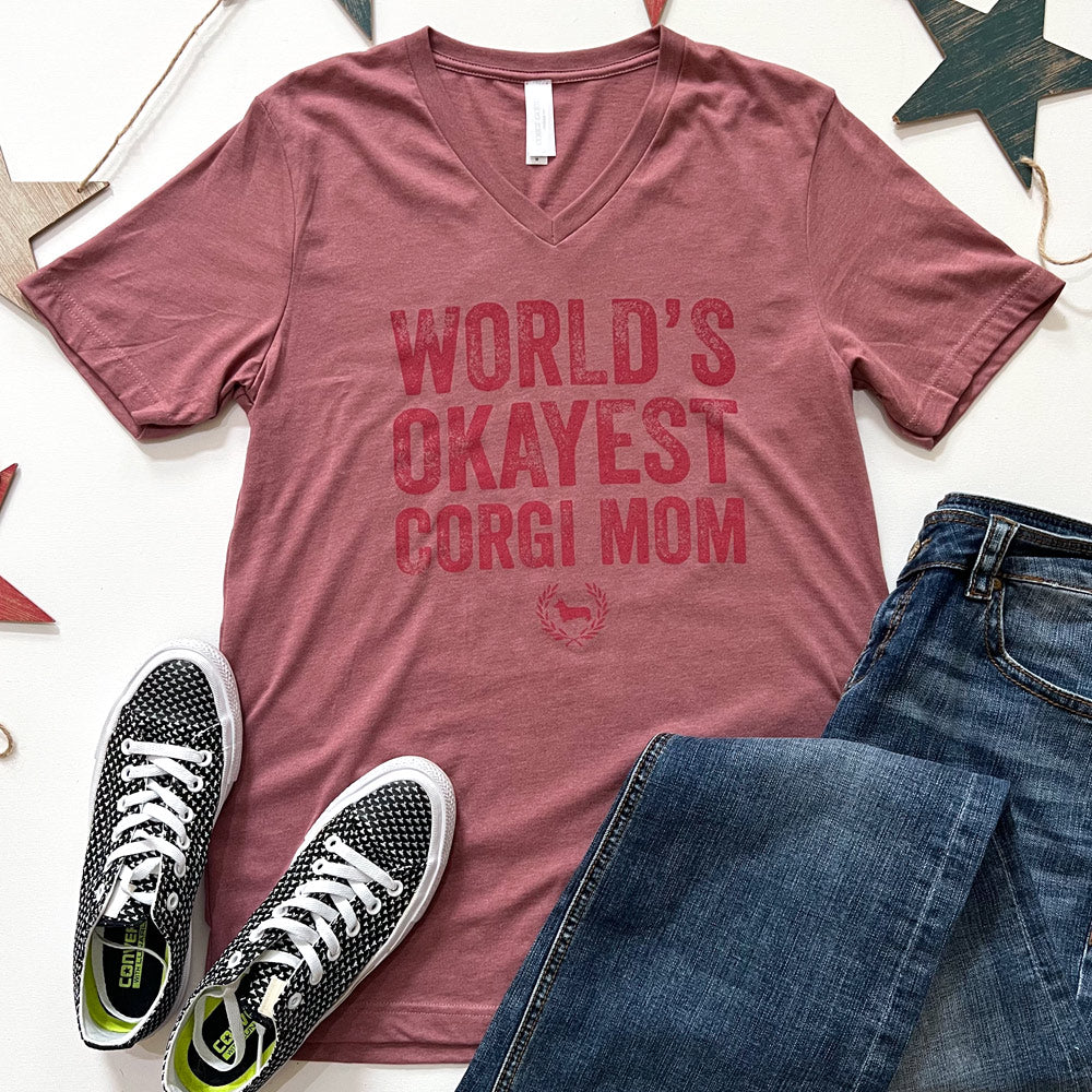 "NEW" CG World's Okayest Corgi Mom V-Neck Short Sleeve T-Shirt
