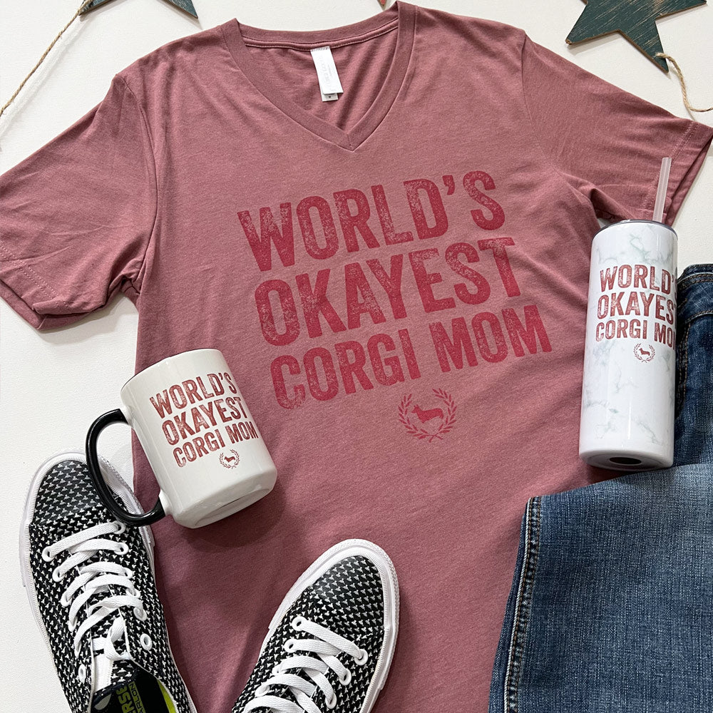 World's Okayest Corgi Mom V-Neck Short Sleeve T-Shirt