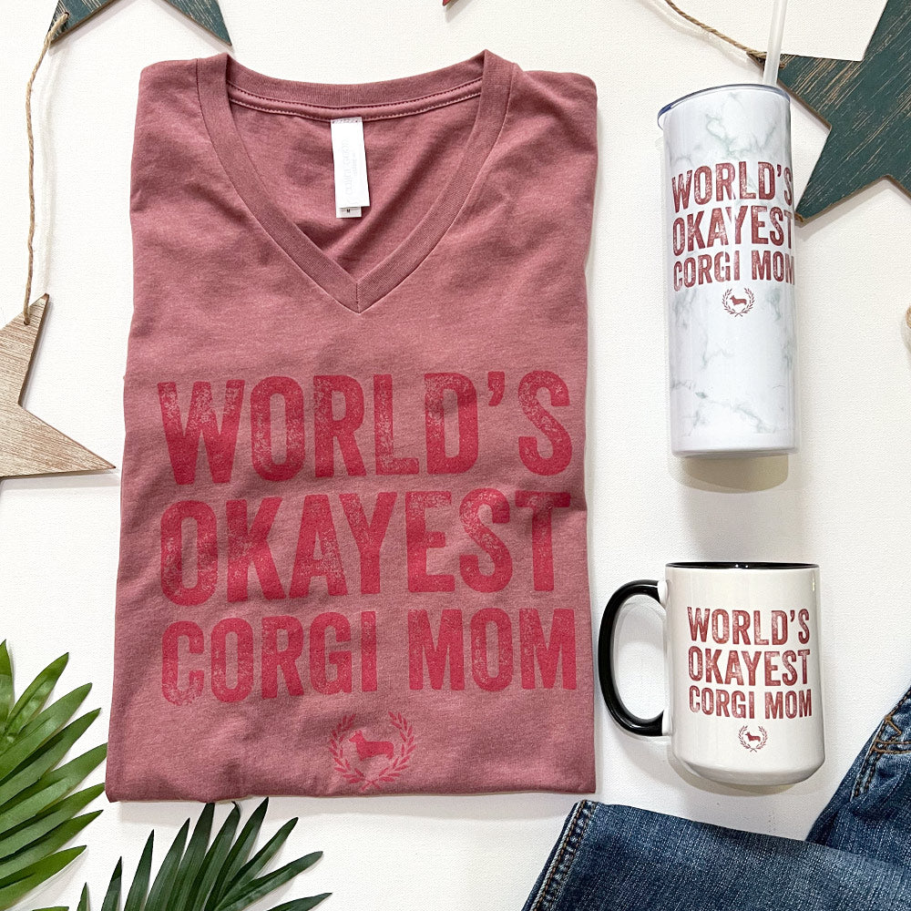 World's Okayest Corgi Mom V-Neck Short Sleeve T-Shirt