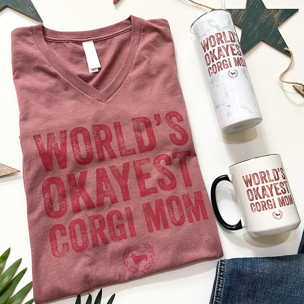 World's Okayest Corgi Mom V-Neck Short Sleeve T-Shirt