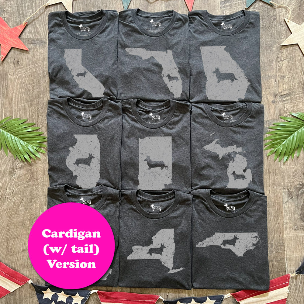 Corgi State Pride Tee Shirt - Cardigan (w/ Tail) (Multiple States A-M)