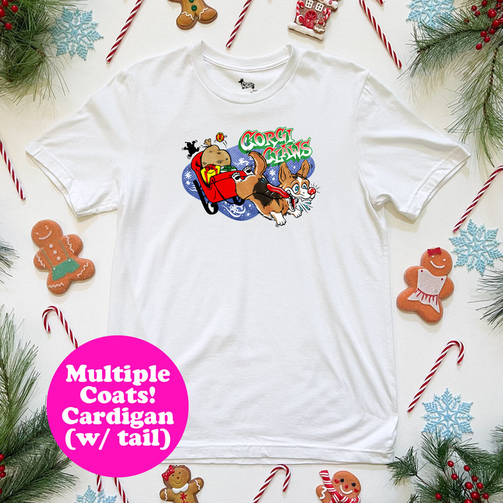 Corgi Claws Sleigh Ride Tee Shirt (Cardigan w/ Tail - Multiple Coats)