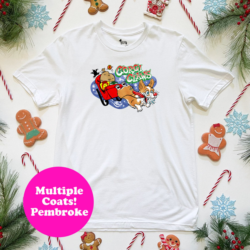 Corgi Claws Sleigh Ride Tee Shirt (Pembroke - Multiple Coats)