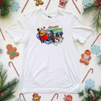 Corgi Claws Sleigh Ride Tee Shirt (Cardigan w/ Tail - Multiple Coats)