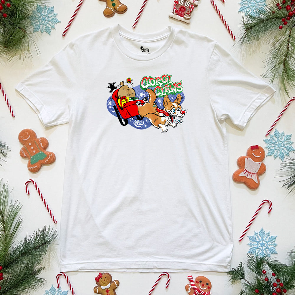 Corgi Claws Sleigh Ride Tee Shirt (Cardigan w/ Tail - Multiple Coats)