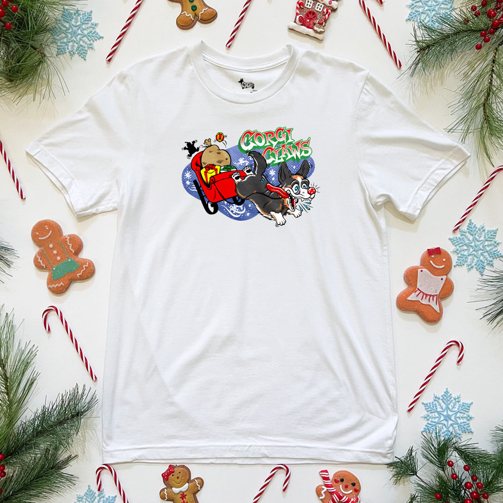 Corgi Claws Sleigh Ride Tee Shirt (Cardigan w/ Tail - Multiple Coats)