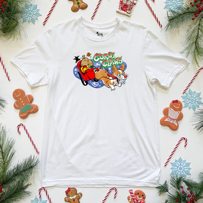 Corgi Claws Sleigh Ride Tee Shirt (Pembroke - Multiple Coats)