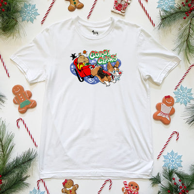 Corgi Claws Sleigh Ride Tee Shirt (Pembroke - Multiple Coats)