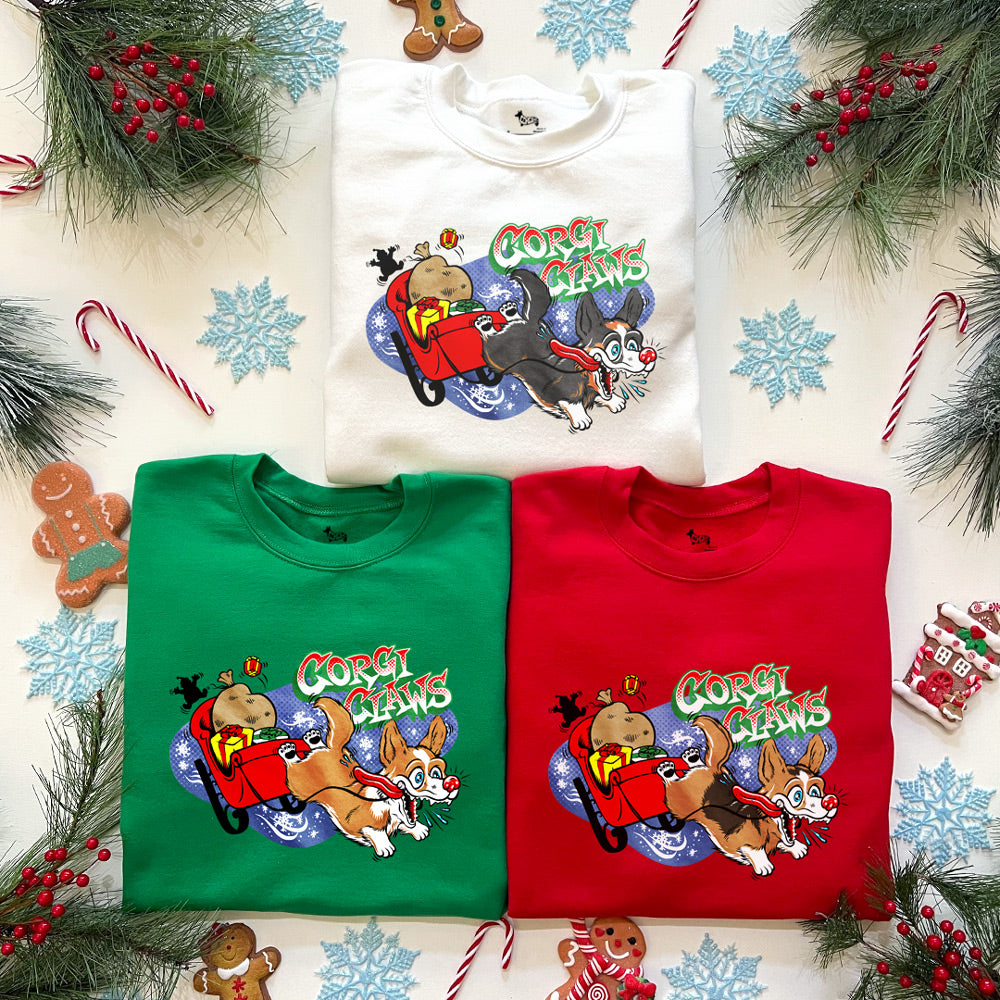 Corgi Claws Sleigh Ride Sweatshirt (Cardigan w/ Tail - Multiple Coats)