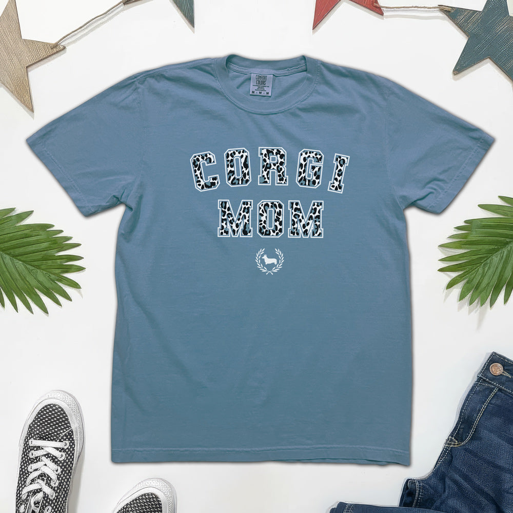 Corgi Mom Varsity Snow Leopard Short Sleeve Tee