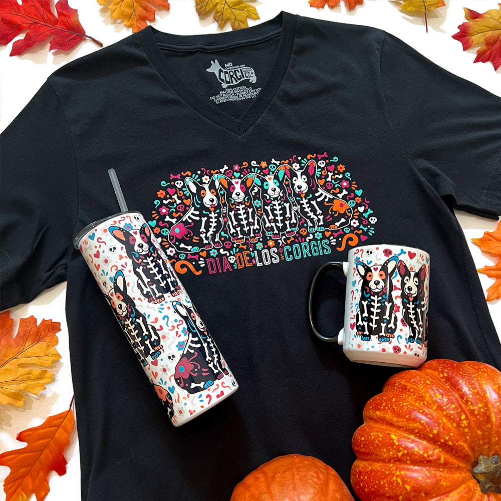 Corgi Sugar Skull Crew V-Neck Short Sleeve Tee