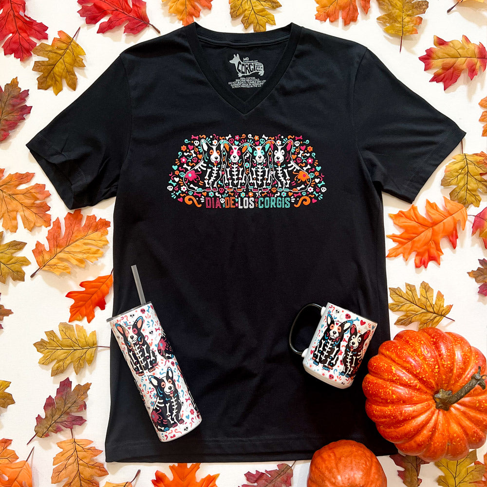 Corgi Sugar Skull Crew V-Neck Short Sleeve Tee