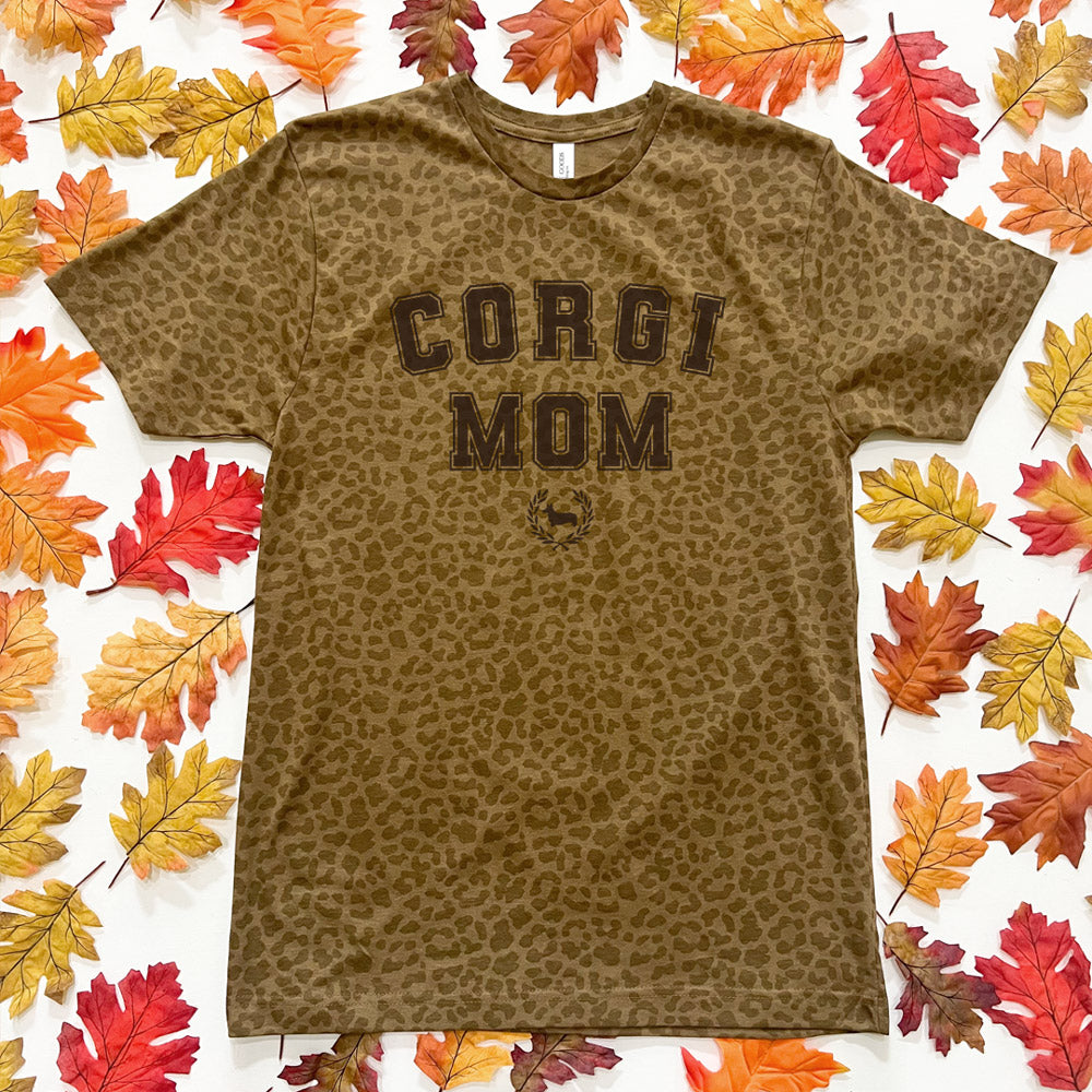 Corgi Mom Varsity Short Sleeve Tee Shirt (Brown Leopard Print)