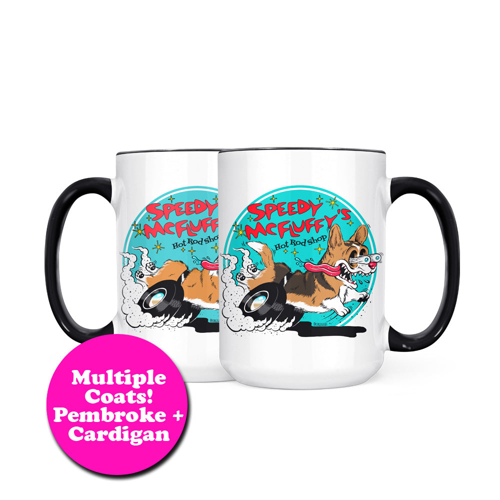 Corgi Goods Speedy McFluffy's Hot Rod Shop Jumbo Mug (Pembroke/Cardigan -  Multiple Coats) - The Corgi Goods Co.