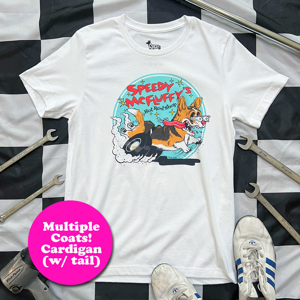"NEW" Speedy McFluffy's Hot Rod Shop Tee Shirt (Cardigan w/ tail - Multiple Coats)
