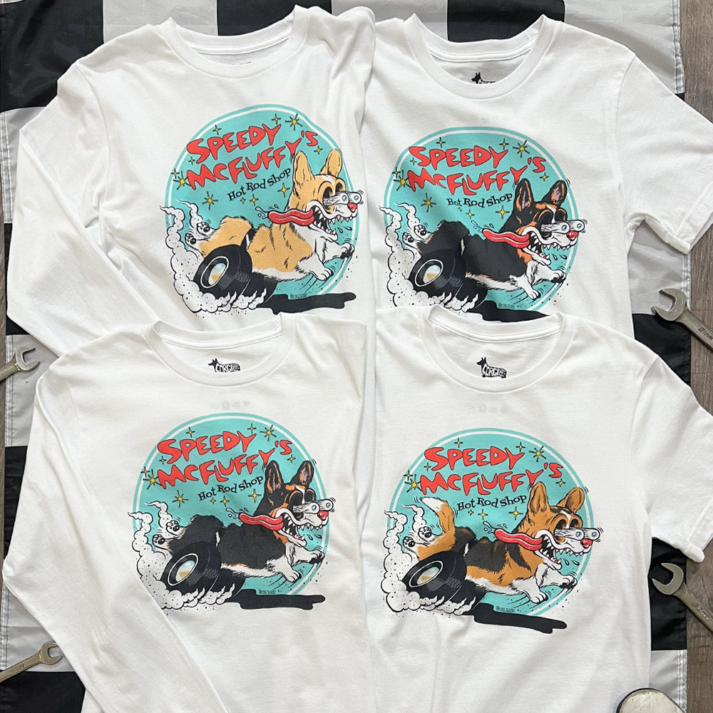 Speedy McFluffy's Hot Rod Shop Tee Shirt (Pembroke - Multiple Coats)