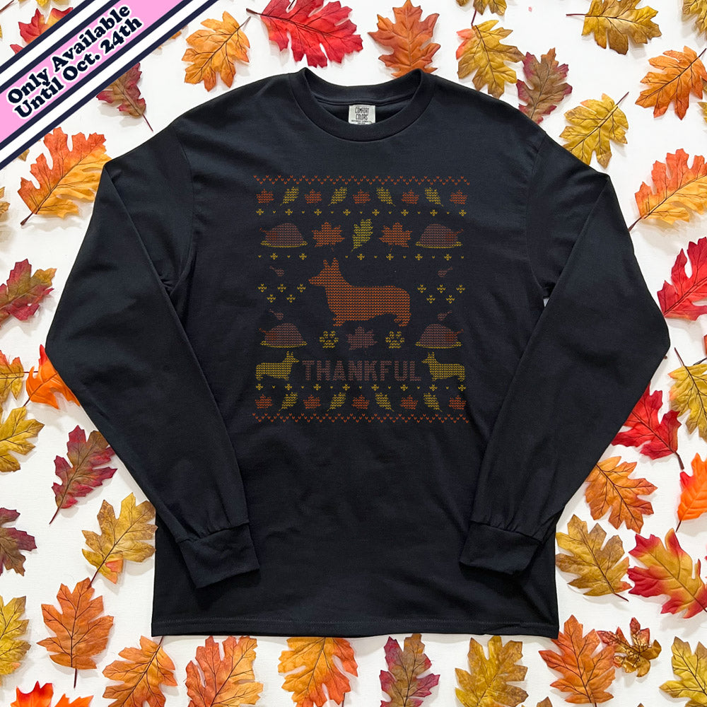 Corgi Thanksgiving Holiday Fake Knit Long Sleeve Tee Shirt (Limited Release)