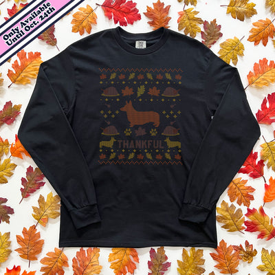 Corgi Thanksgiving Holiday Fake Knit Long Sleeve Tee Shirt (Limited Release)