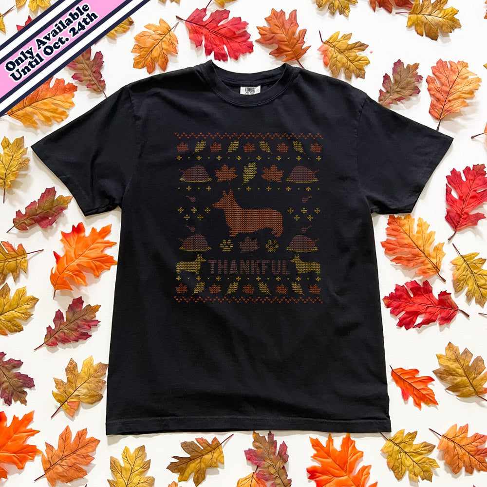 Corgi Thanksgiving Holiday Fake Knit Short Sleeve Tee Shirt (Limited Release)