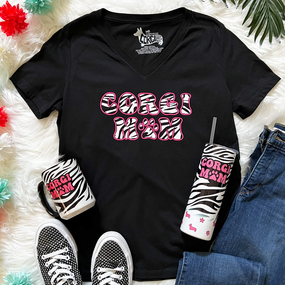 Corgi Mom Zebra Print V-Neck Tee Shirt (Unisex & Ladies' Cuts)