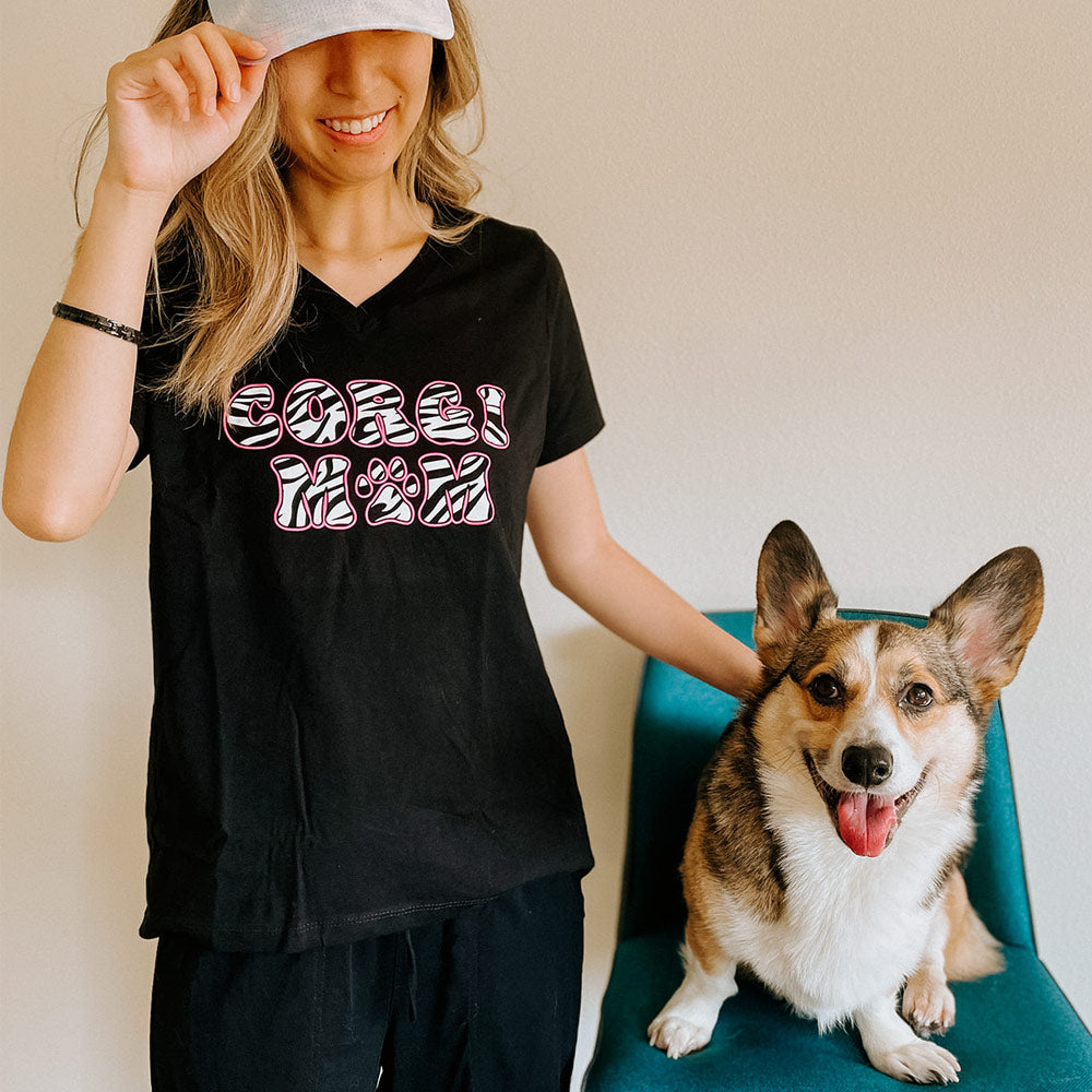Corgi Mom Zebra Print V-Neck Tee Shirt (Unisex & Ladies' Cuts)