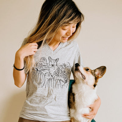 CG Corgi Pumpkin Patch V-Neck Tee Shirt
